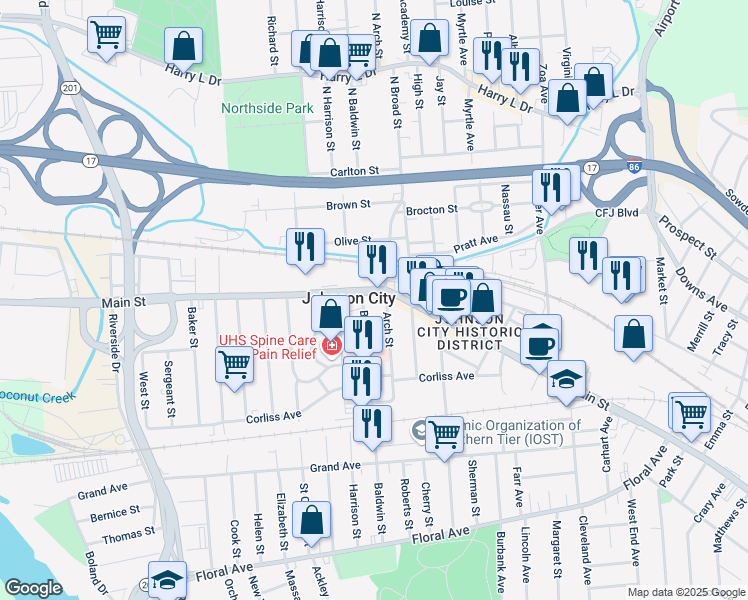map of restaurants, bars, coffee shops, grocery stores, and more near 11 Arch Street in Johnson City