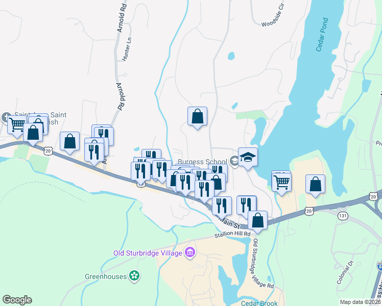map of restaurants, bars, coffee shops, grocery stores, and more near 4 Cricket Drive in Sturbridge