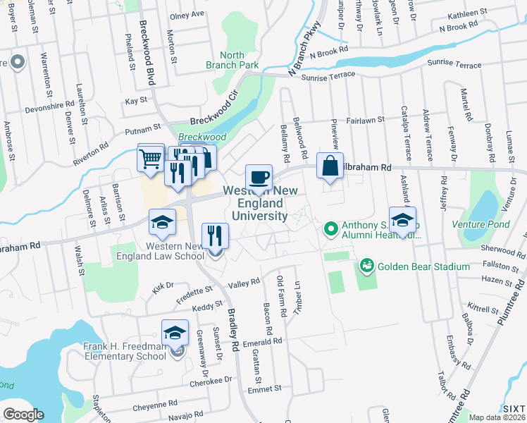map of restaurants, bars, coffee shops, grocery stores, and more near 1251-1261 Wilbraham Rd in Springfield