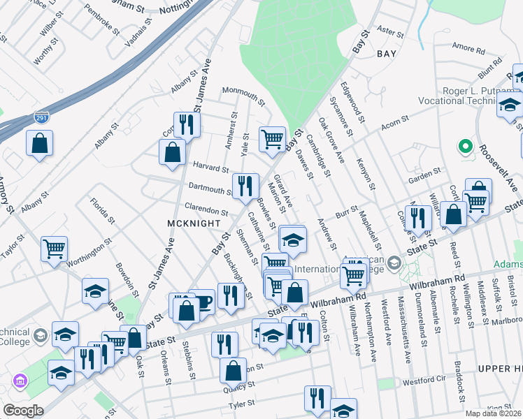 map of restaurants, bars, coffee shops, grocery stores, and more near 153 Catharine Street in Springfield