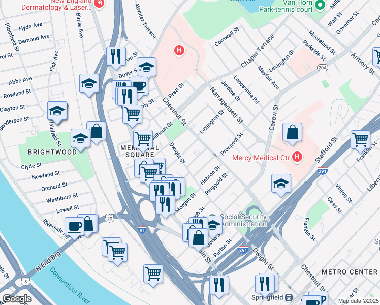 map of restaurants, bars, coffee shops, grocery stores, and more near 38 Brookline Avenue in Springfield