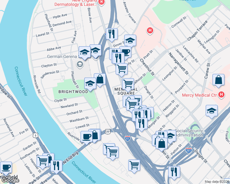 map of restaurants, bars, coffee shops, grocery stores, and more near 20-22 Huntington Street in Springfield
