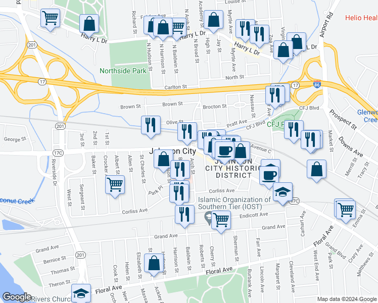 map of restaurants, bars, coffee shops, grocery stores, and more near 11 Arch Street in Johnson City