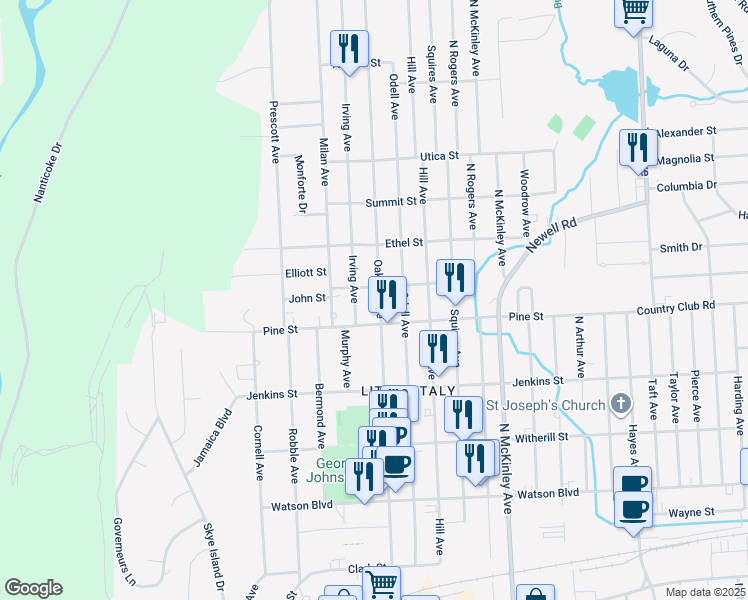 map of restaurants, bars, coffee shops, grocery stores, and more near 402 Irving Avenue in Endicott