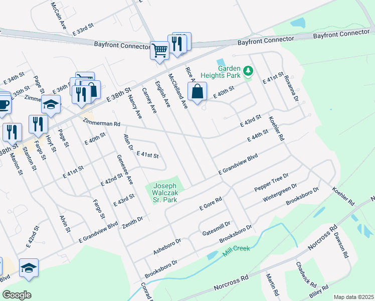 map of restaurants, bars, coffee shops, grocery stores, and more near 4310 English Avenue in Erie