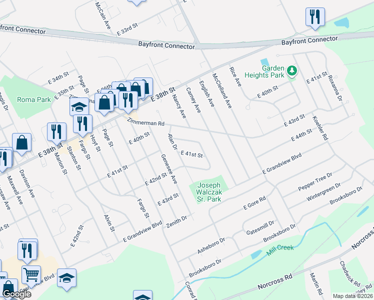 map of restaurants, bars, coffee shops, grocery stores, and more near 2116 East 41st Street in Erie