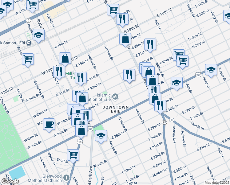 map of restaurants, bars, coffee shops, grocery stores, and more near 228 East 24th Street in Erie