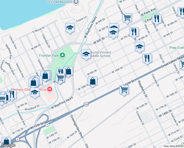 map of restaurants, bars, coffee shops, grocery stores, and more near 1317 19 W 9 Street in Erie