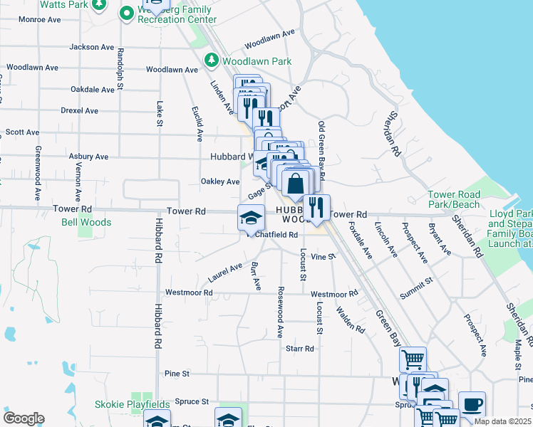 map of restaurants, bars, coffee shops, grocery stores, and more near 1100 Tower Road in Winnetka
