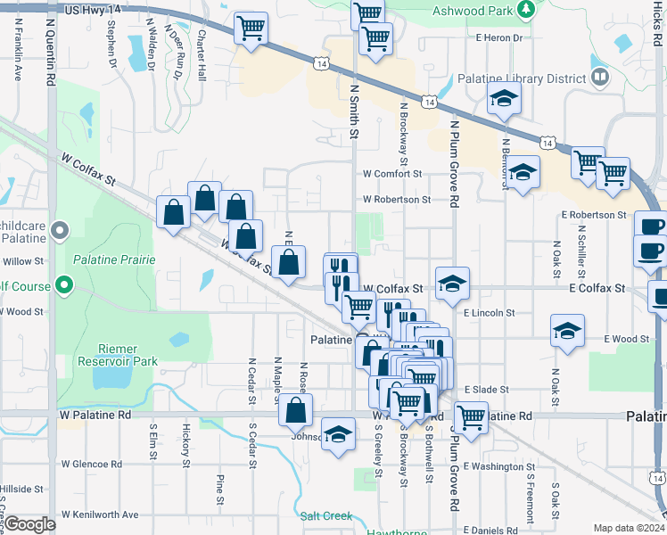 map of restaurants, bars, coffee shops, grocery stores, and more near 250 North Carter Street in Palatine