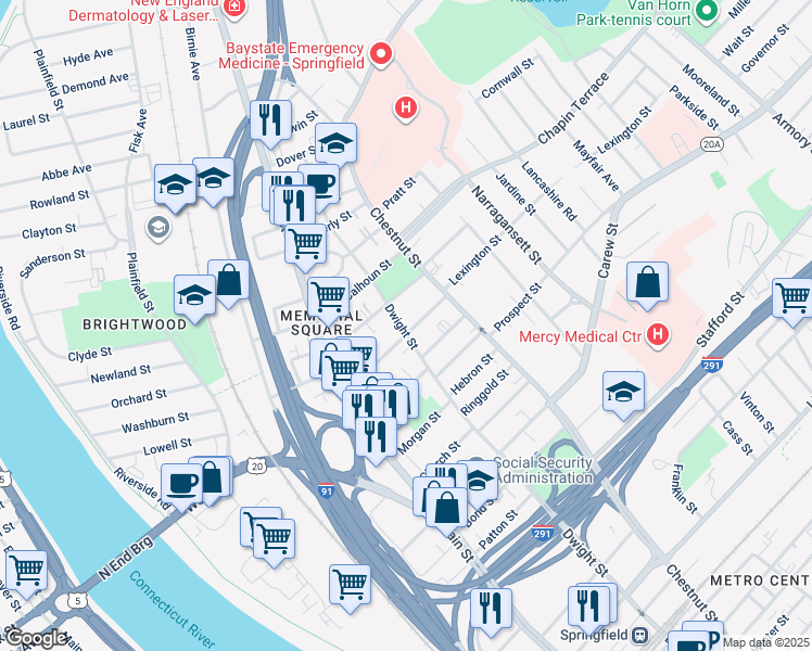 map of restaurants, bars, coffee shops, grocery stores, and more near 1353 Dwight Street in Springfield