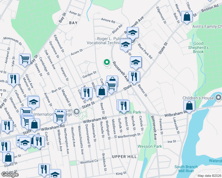 map of restaurants, bars, coffee shops, grocery stores, and more near 20 Austin Street in Springfield
