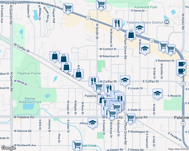 map of restaurants, bars, coffee shops, grocery stores, and more near 244 North Smith Street in Palatine