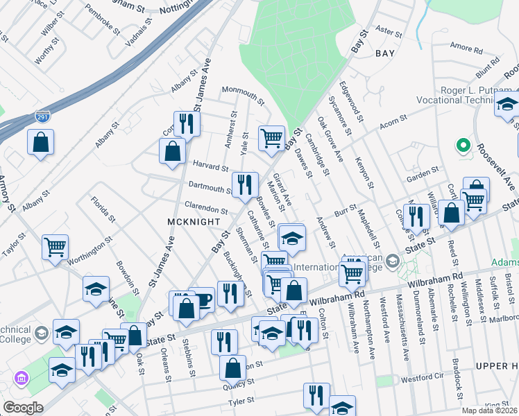 map of restaurants, bars, coffee shops, grocery stores, and more near 153 Catharine Street in Springfield