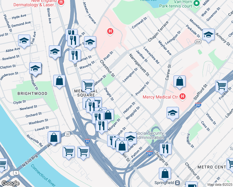 map of restaurants, bars, coffee shops, grocery stores, and more near 38 Brookline Avenue in Springfield