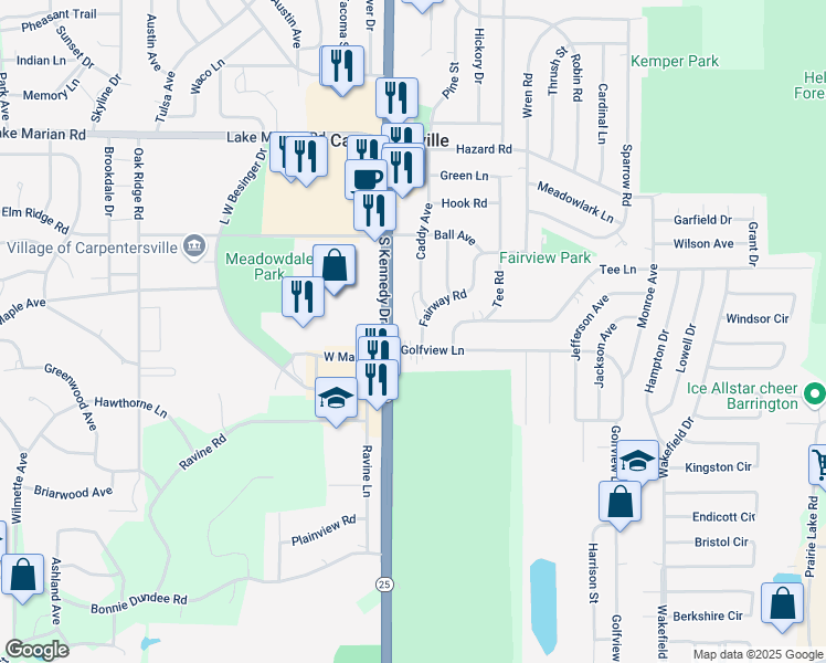 map of restaurants, bars, coffee shops, grocery stores, and more near 235 Fairway Road in Carpentersville