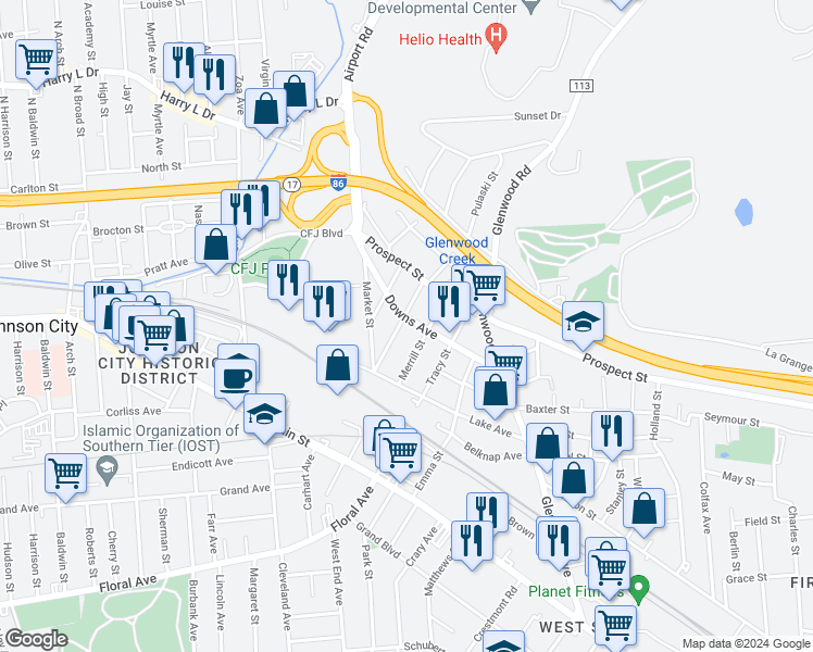 map of restaurants, bars, coffee shops, grocery stores, and more near 35 Downs Avenue in Binghamton