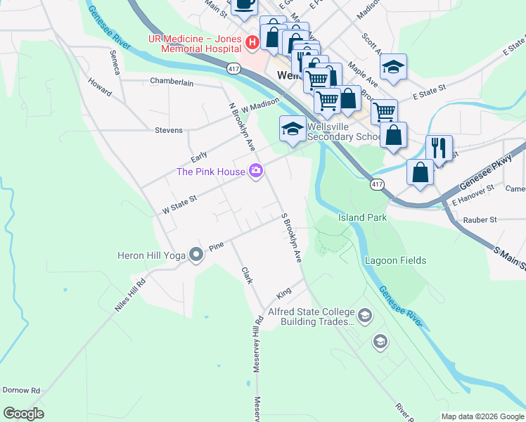 map of restaurants, bars, coffee shops, grocery stores, and more near 27 Whitney Place in Wellsville