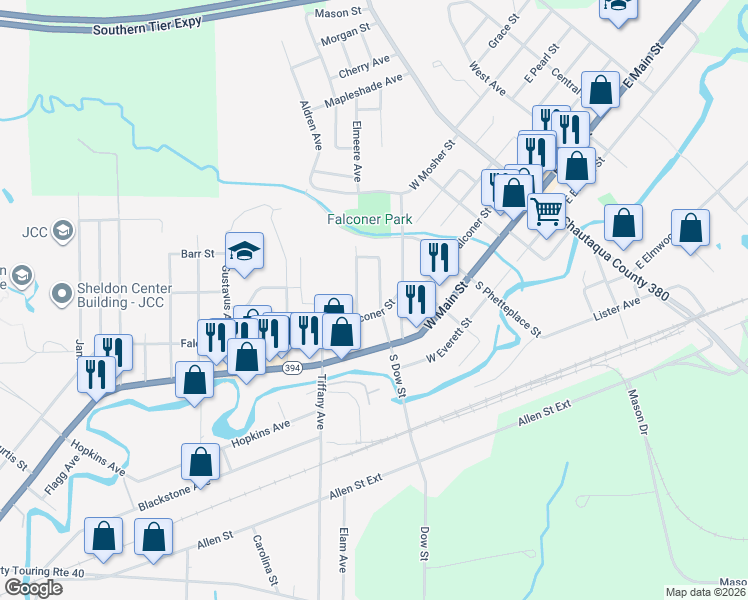 map of restaurants, bars, coffee shops, grocery stores, and more near 401 West Falconer Street in Falconer