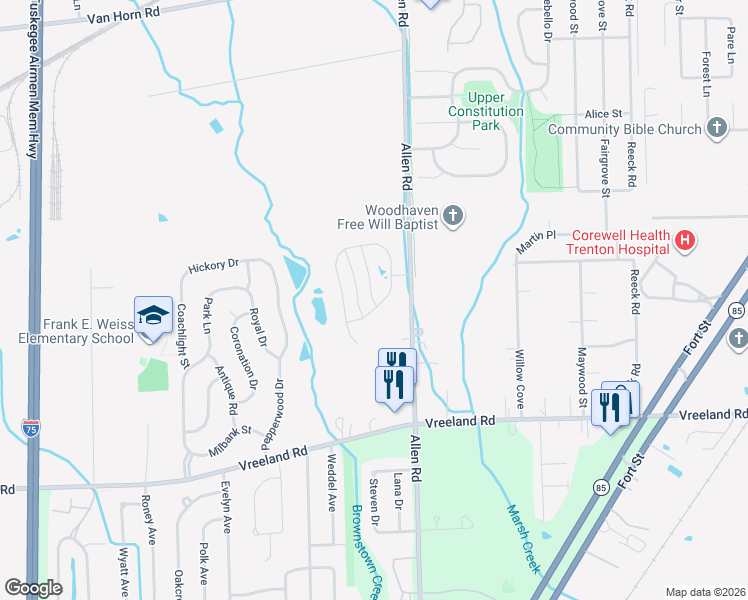 map of restaurants, bars, coffee shops, grocery stores, and more near 26726 Ashton Drive in Woodhaven