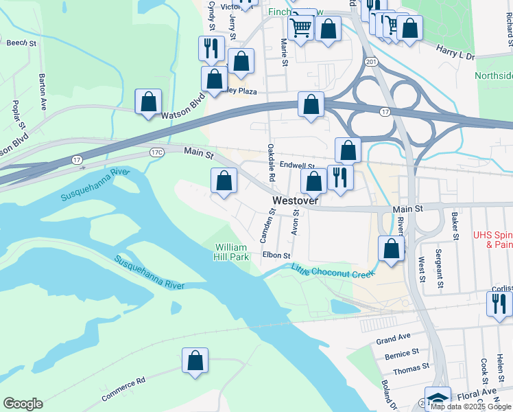 map of restaurants, bars, coffee shops, grocery stores, and more near 30 Dayton St in Johnson City