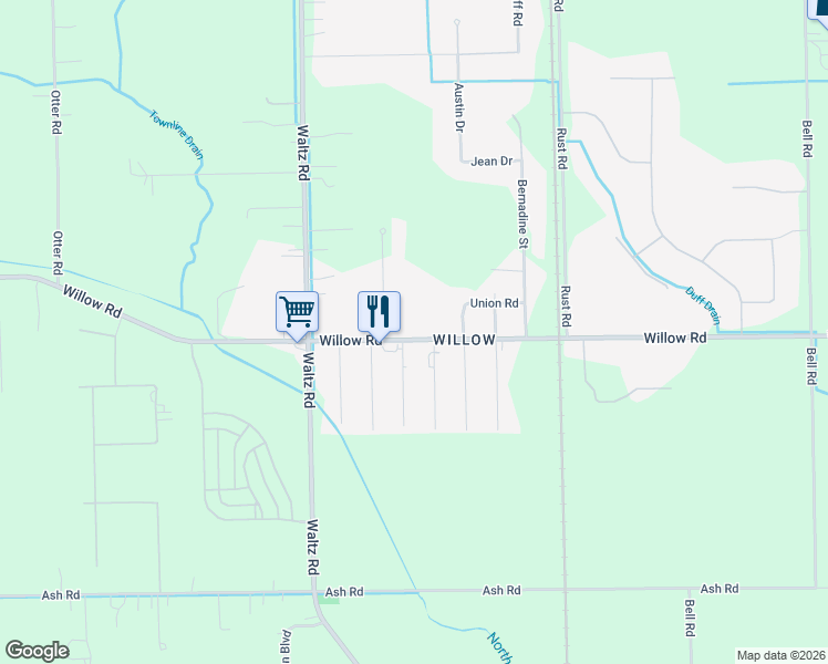 map of restaurants, bars, coffee shops, grocery stores, and more near 36836 Willow Road in Huron Charter Township
