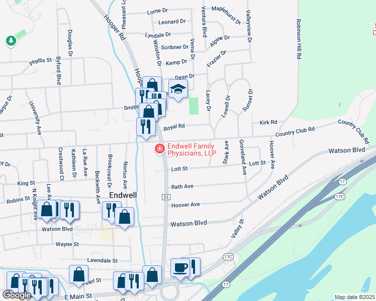 map of restaurants, bars, coffee shops, grocery stores, and more near 3613 Beatrice Ln in Endicott