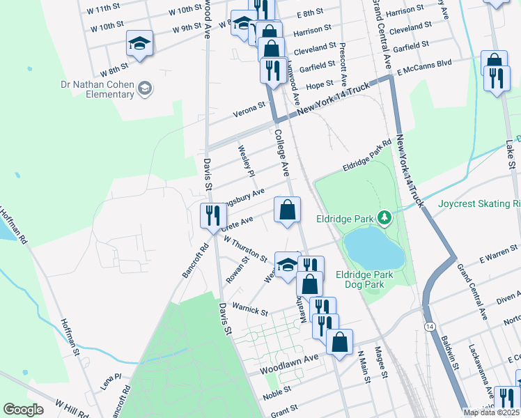 map of restaurants, bars, coffee shops, grocery stores, and more near 218 Crete Avenue in Elmira