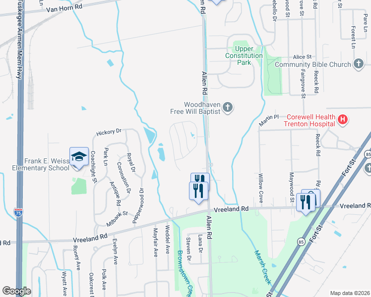 map of restaurants, bars, coffee shops, grocery stores, and more near 26726 Ashton Drive in Woodhaven