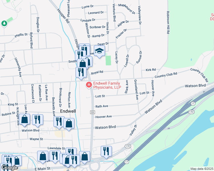 map of restaurants, bars, coffee shops, grocery stores, and more near 3613 Beatrice Lane in Endicott