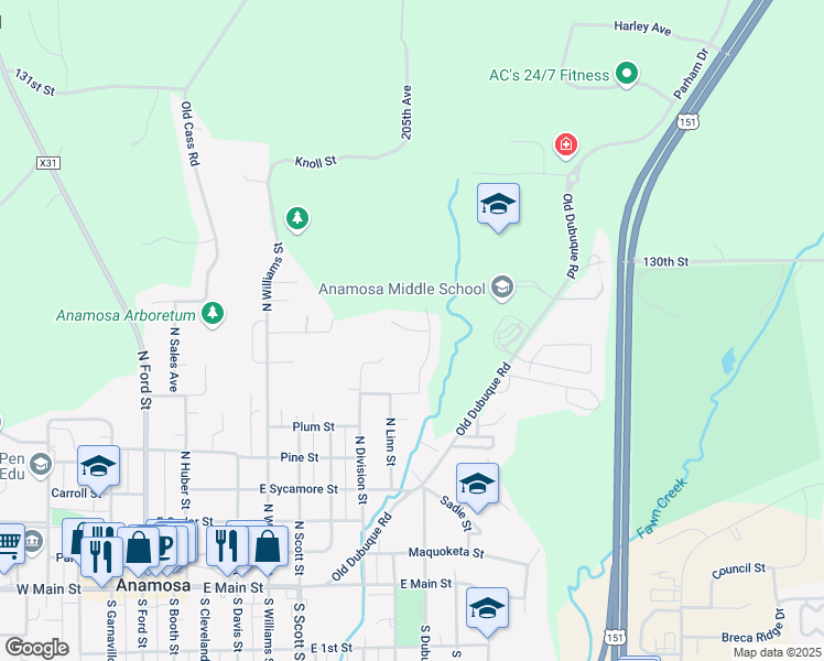 map of restaurants, bars, coffee shops, grocery stores, and more near Dakota Court in Anamosa