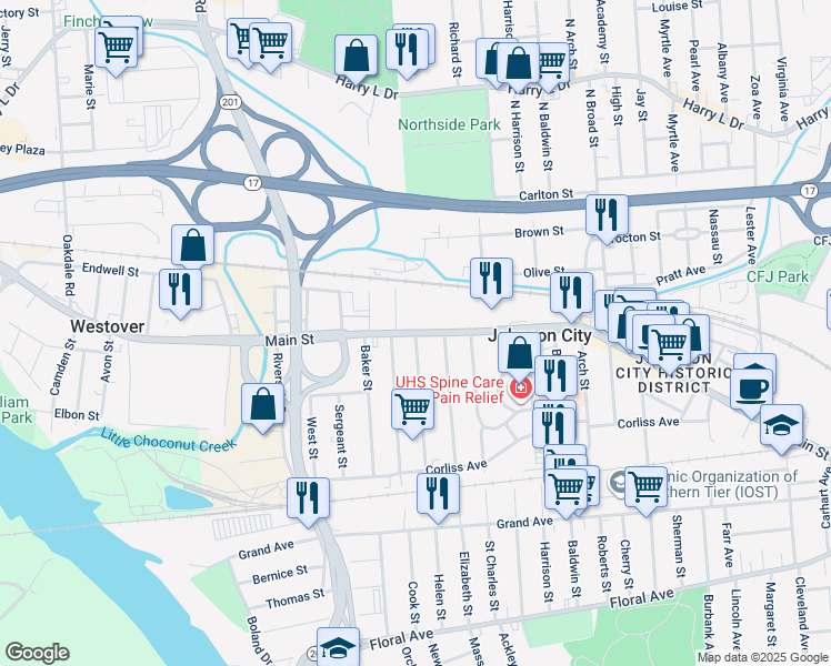 map of restaurants, bars, coffee shops, grocery stores, and more near Main Street & Albert Street in Johnson City