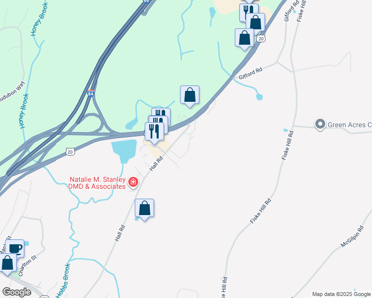 map of restaurants, bars, coffee shops, grocery stores, and more near 90 Hall Road in Sturbridge