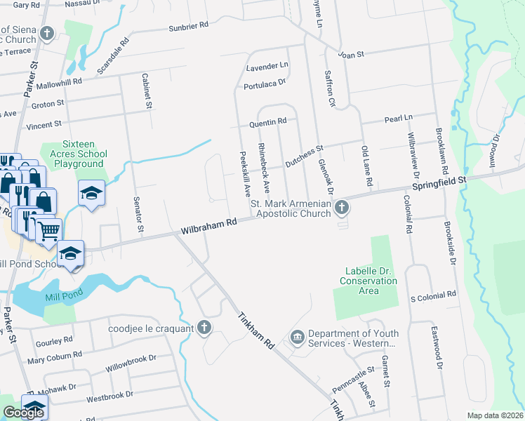 map of restaurants, bars, coffee shops, grocery stores, and more near 2324 Wilbraham Road in Springfield