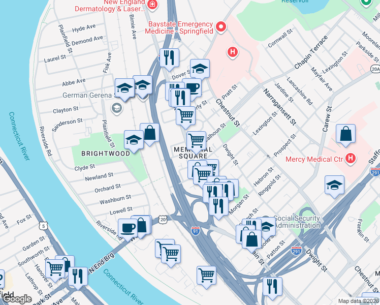 map of restaurants, bars, coffee shops, grocery stores, and more near in Springfield