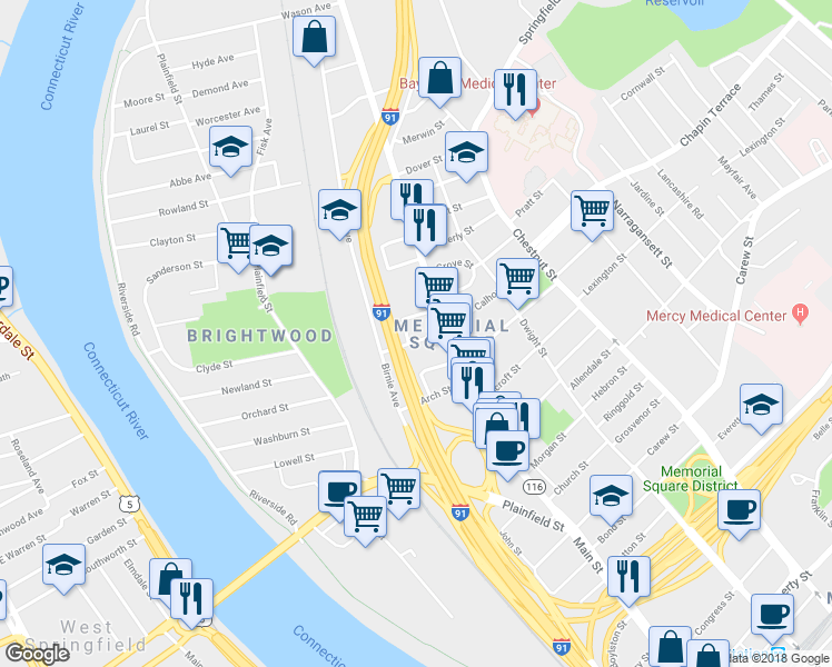 map of restaurants, bars, coffee shops, grocery stores, and more near 20-22 Huntington Street in Springfield