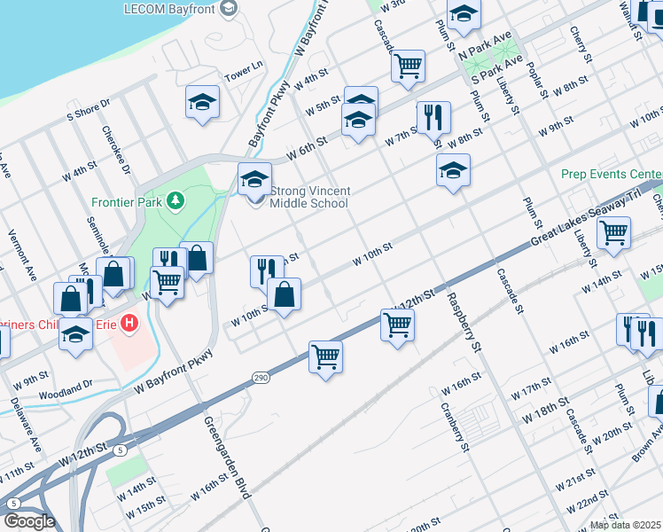 map of restaurants, bars, coffee shops, grocery stores, and more near 1262 West 10th Street in Erie