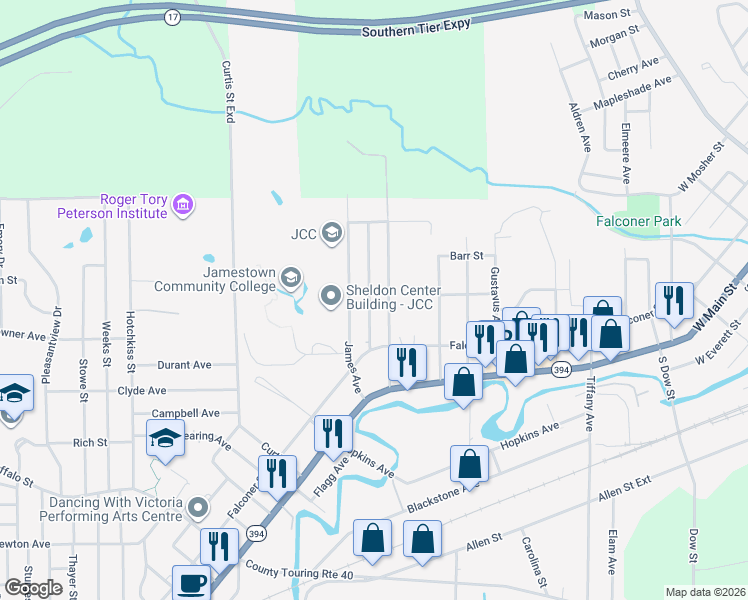 map of restaurants, bars, coffee shops, grocery stores, and more near 28 Dunn Avenue in Jamestown