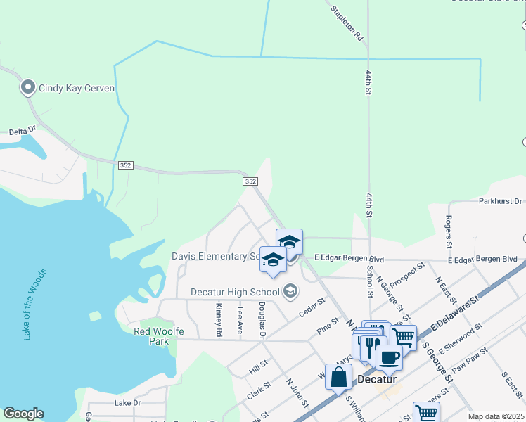 map of restaurants, bars, coffee shops, grocery stores, and more near 605 North Phelps Street in Decatur