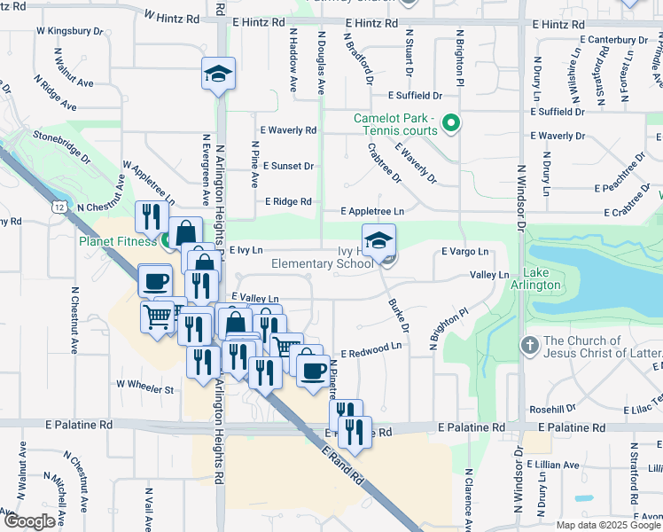 map of restaurants, bars, coffee shops, grocery stores, and more near 606 East Crestwood Drive in Arlington Heights