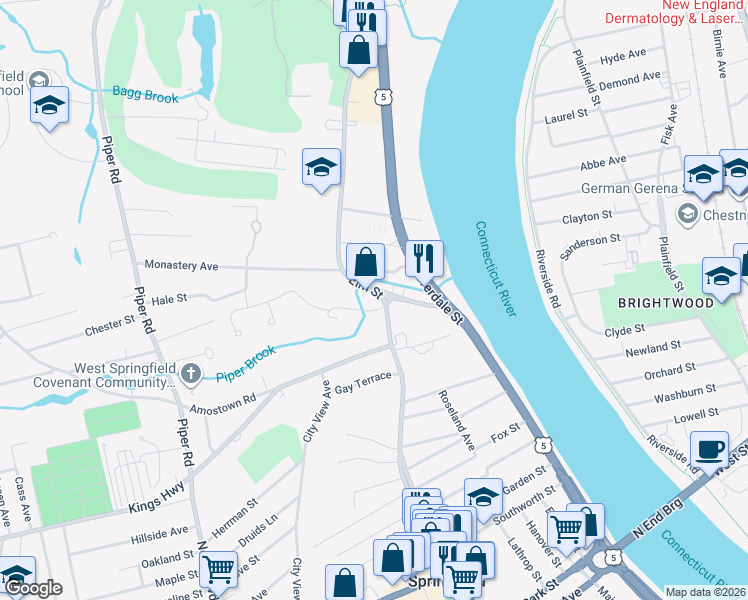 map of restaurants, bars, coffee shops, grocery stores, and more near 857 Elm Street in West Springfield