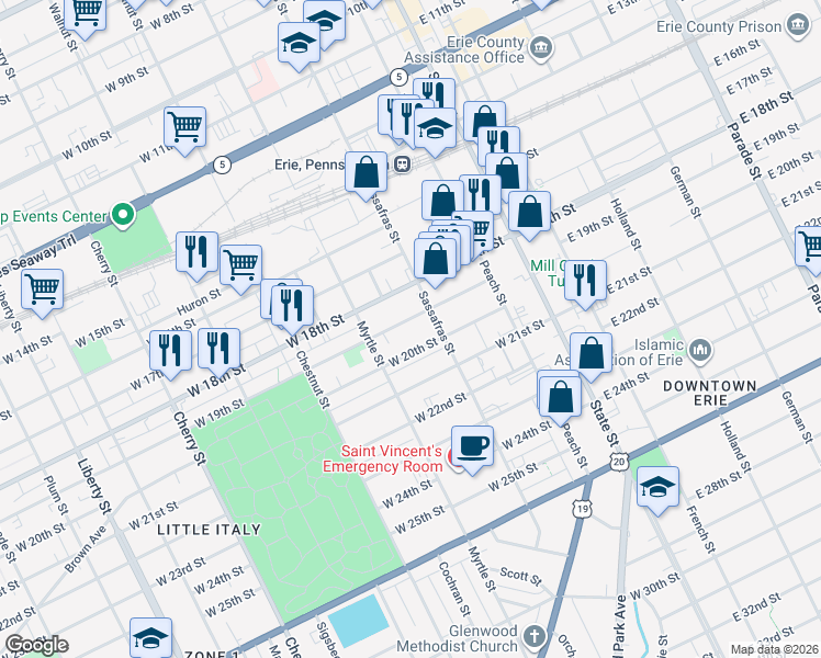 map of restaurants, bars, coffee shops, grocery stores, and more near 223 West 19th Street in Erie