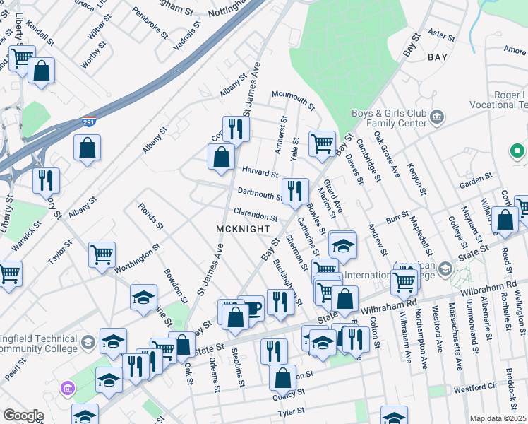 map of restaurants, bars, coffee shops, grocery stores, and more near 52 Clarendon Street in Springfield