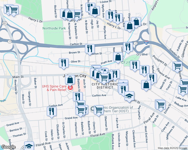 map of restaurants, bars, coffee shops, grocery stores, and more near 255 Main Street in Johnson City