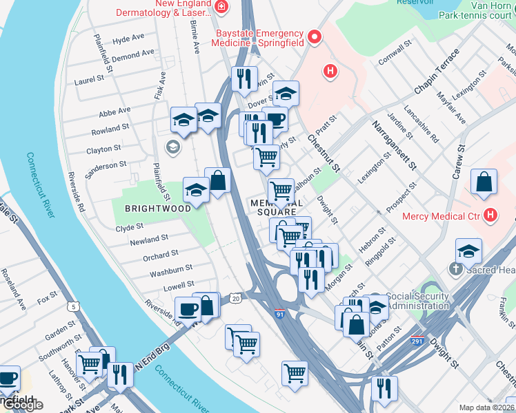 map of restaurants, bars, coffee shops, grocery stores, and more near 20-22 Huntington Street in Springfield