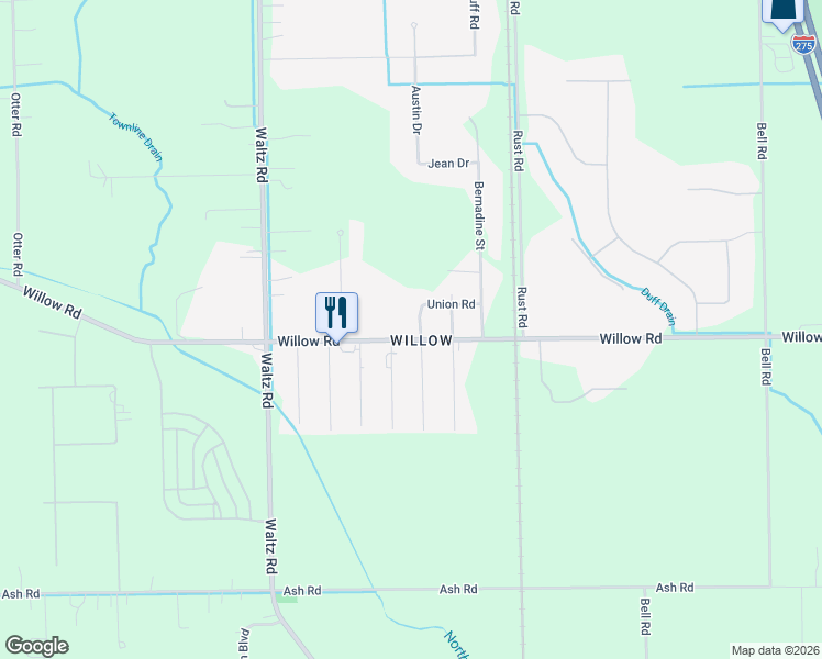 map of restaurants, bars, coffee shops, grocery stores, and more near 36836 Willow Road in Huron Charter Township