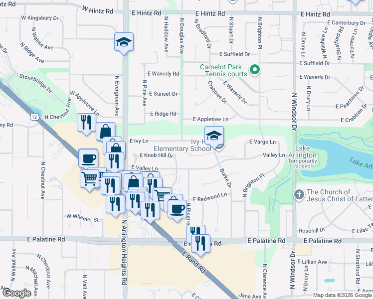 map of restaurants, bars, coffee shops, grocery stores, and more near 606 East Crestwood Drive in Arlington Heights