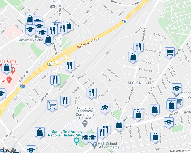 map of restaurants, bars, coffee shops, grocery stores, and more near 60 Hannon Street in Springfield