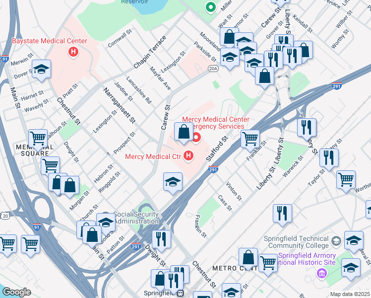 map of restaurants, bars, coffee shops, grocery stores, and more near 299 Carew Street in Springfield