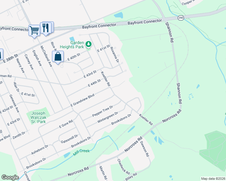 map of restaurants, bars, coffee shops, grocery stores, and more near 4627 Koehler Rd in Erie